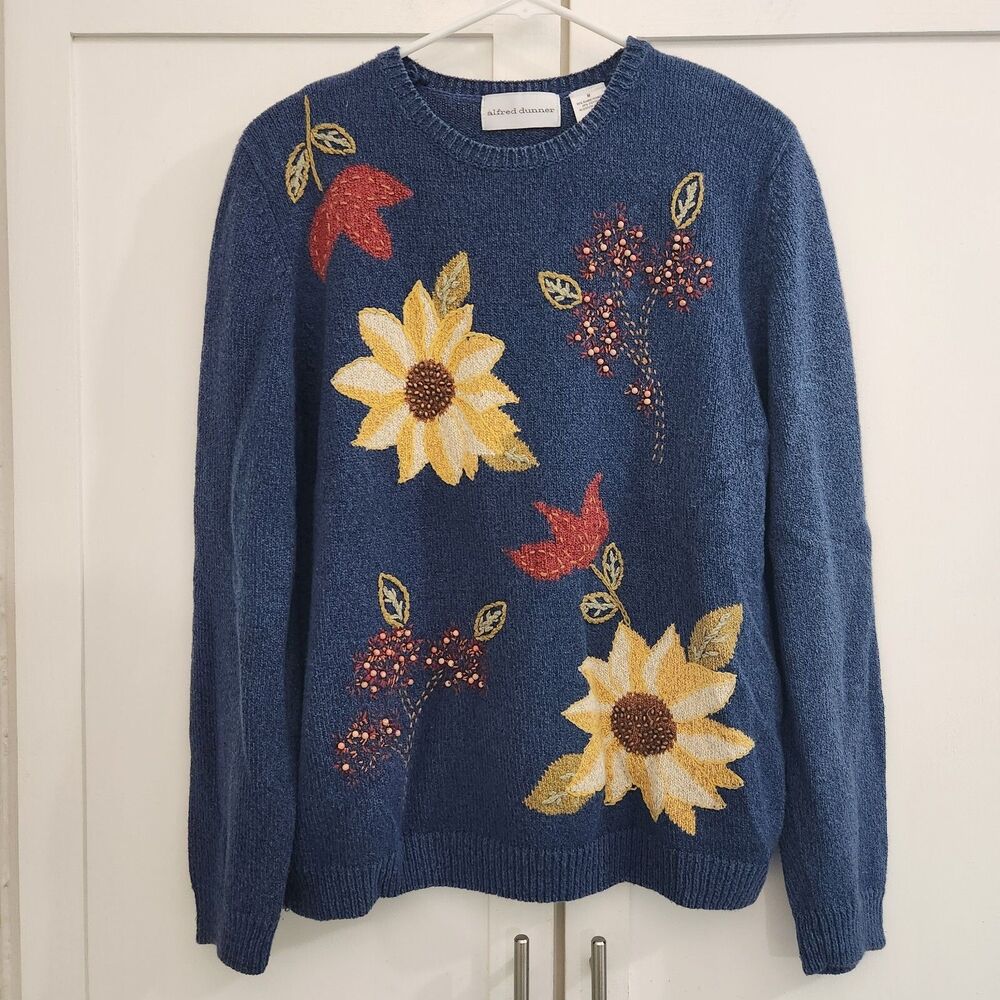 Alfred Dunner Vintage Embroidered Beaded Sunflower Sweater Womens Medium